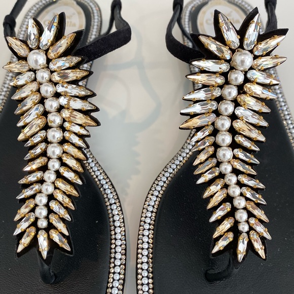 RENE CAOVILLA BLACK LEATHER SUEDE CRYSTAL PEARL SANDALS SIZE IT 38 / IT 8 - Picture 6 of 16